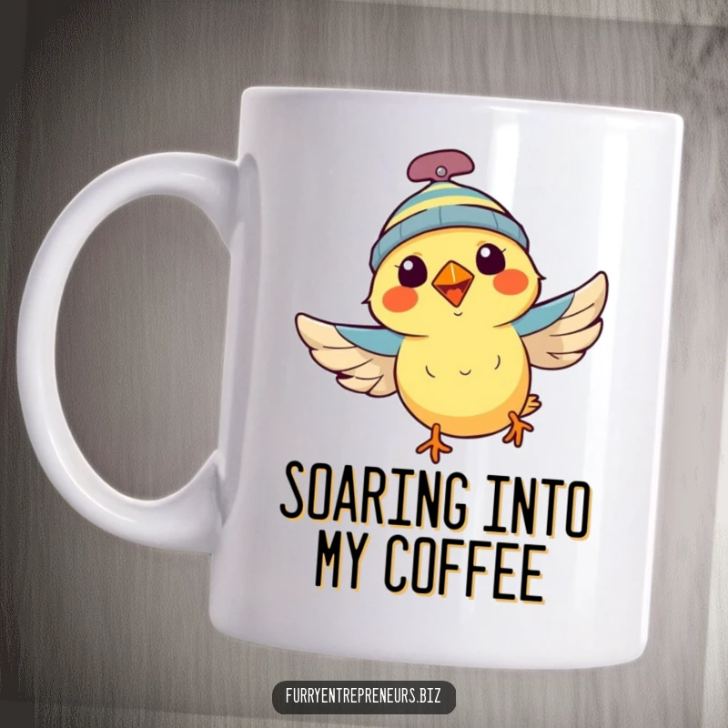Funny bird wearing a propeller beanie, flying joyfully on a coffee mug, representing freedom and fun, a great funny gift.