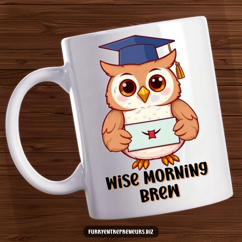 Happy owl wearing a graduation cap and holding a diploma, looking proud and wise on a funny coffee mug.