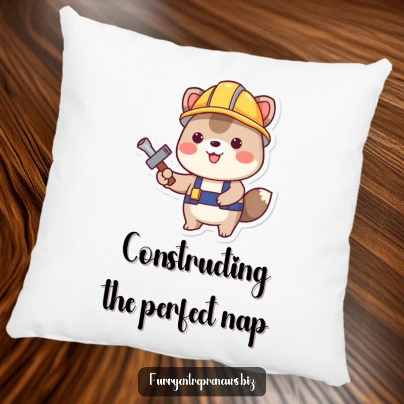Funny Construction Animal Pillow: A soft pillow featuring a happy animal in a construction helmet with a tool, offering comfort and a funny gift.