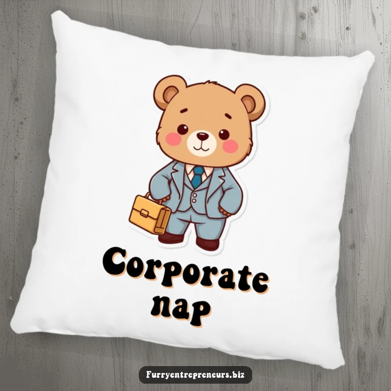 A cute bear dressed in a suit, holding a briefcase, designed for comfort on a plush pillow, bringing professional and funny vibes.