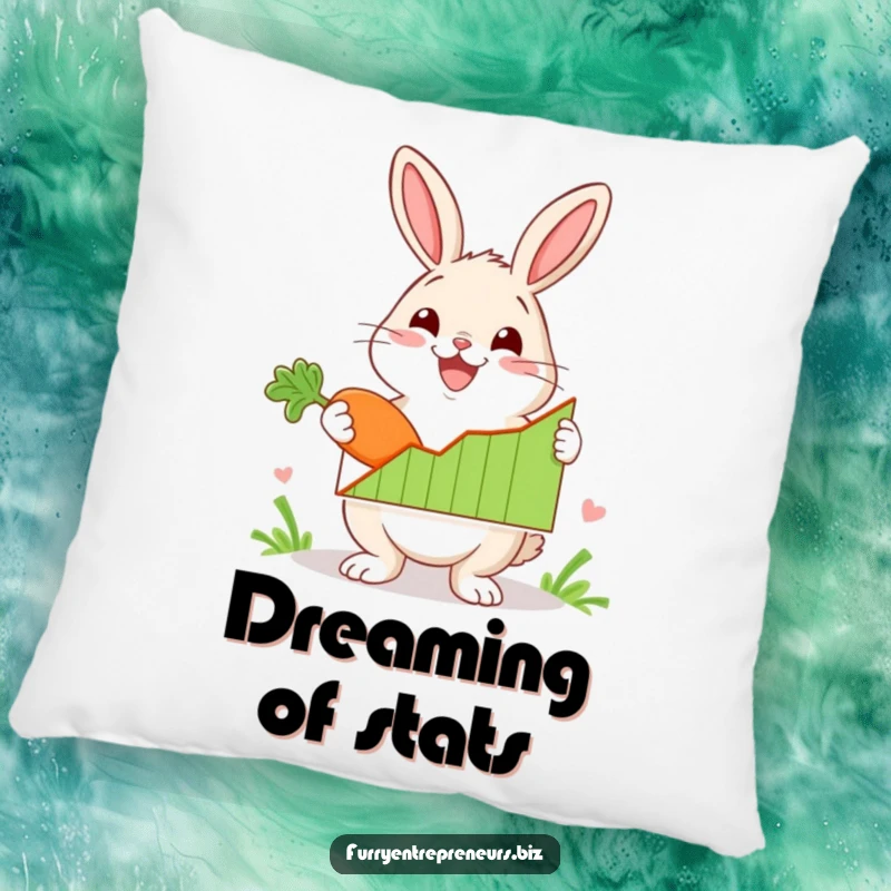 Funny rabbit character enthusiastically presenting a graph with a carrot on a pillow, offering cozy comfort and success-themed charm.