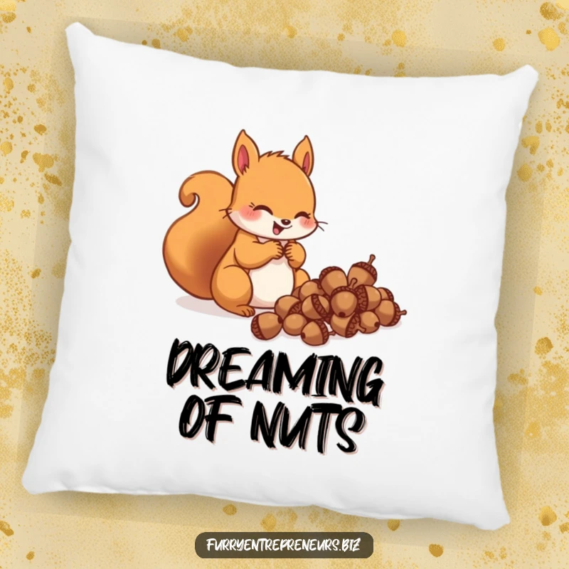 Funny squirrel character gleefully counting acorns on a pillow, offering cozy comfort and hoarding-themed charm.