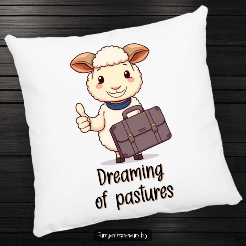 Funny sheep pillow, with a briefcase, calmly giving a thumbs up, radiating relaxation.