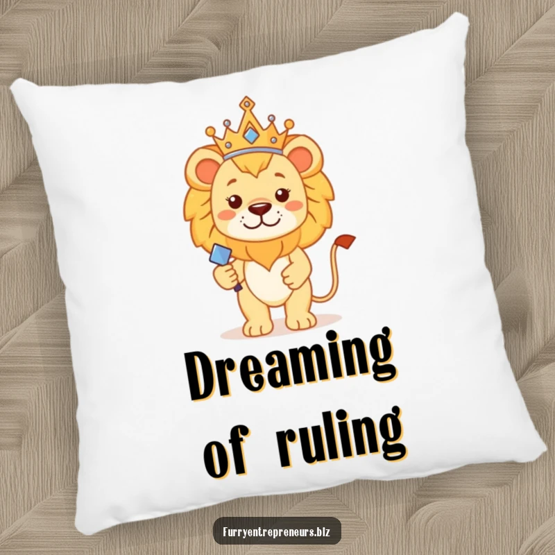 Funny lion king pillow featuring a proud lion with a tiny imperial crown and scepter, offering comfort and regal humor.