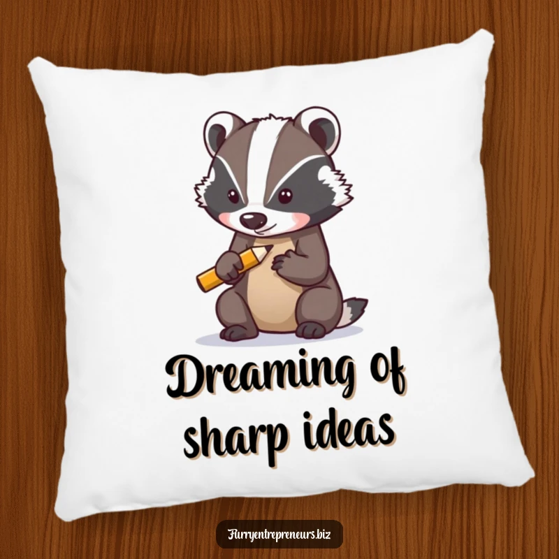 Funny pillow with a determined badger character sharpening a tiny pencil, offering soft comfort and a humorous, focused theme.