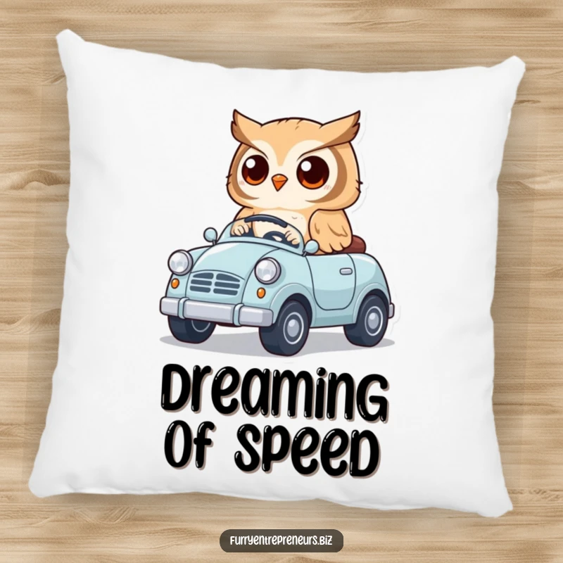 Funny pillow featuring a cute owl driving a miniature toy car, adding a touch of whimsical comfort and adorable animal humor.