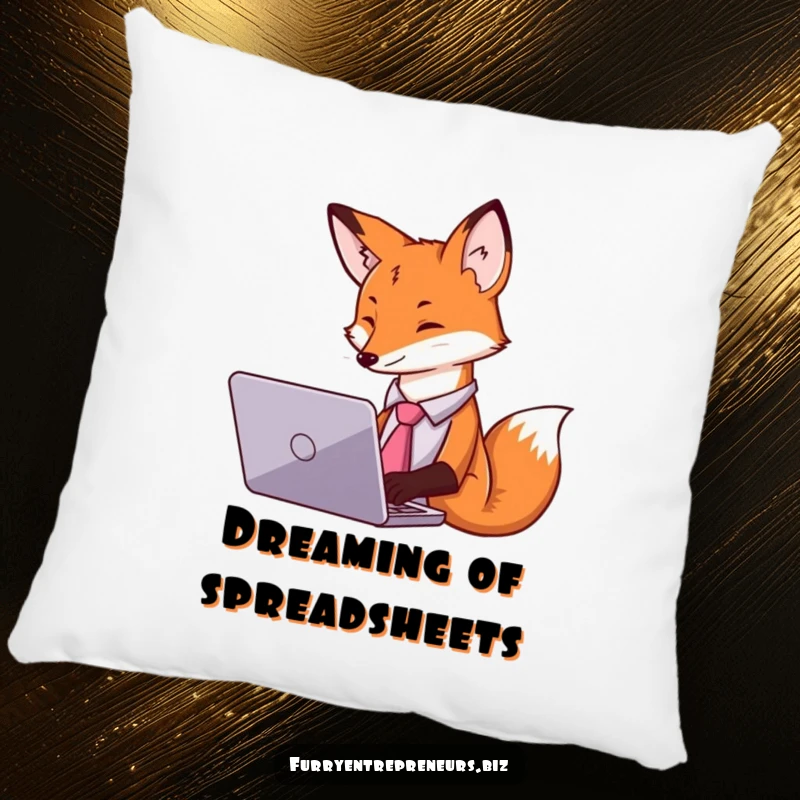 Funny pillow featuring a fox in a tie, typing on a laptop, adding comfort and humor to a desk.