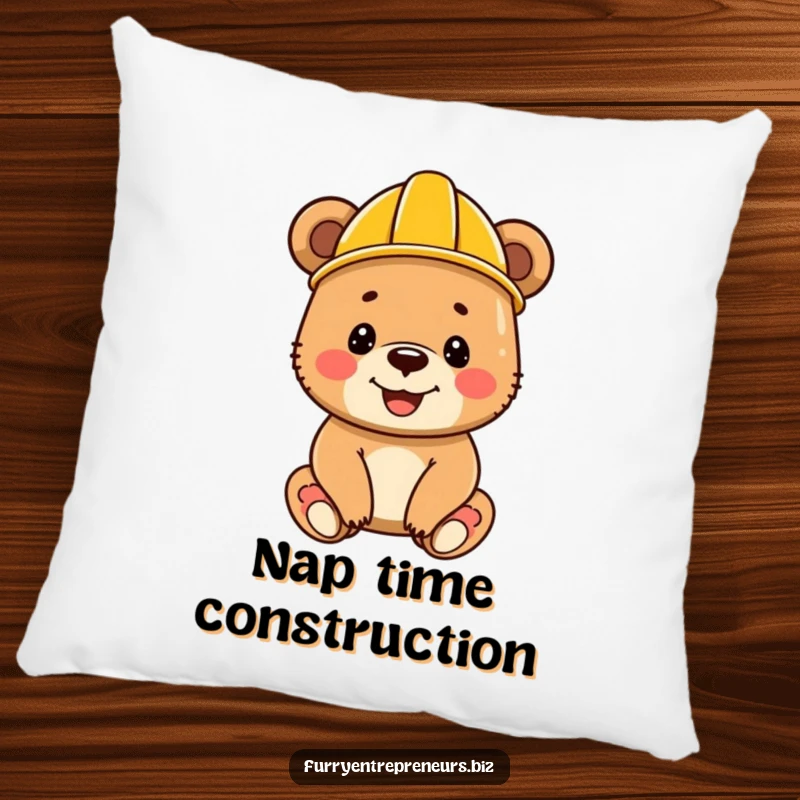 Funny bear cub with a construction helmet, looking happy and huggable, depicted as a soft, decorative pillow.