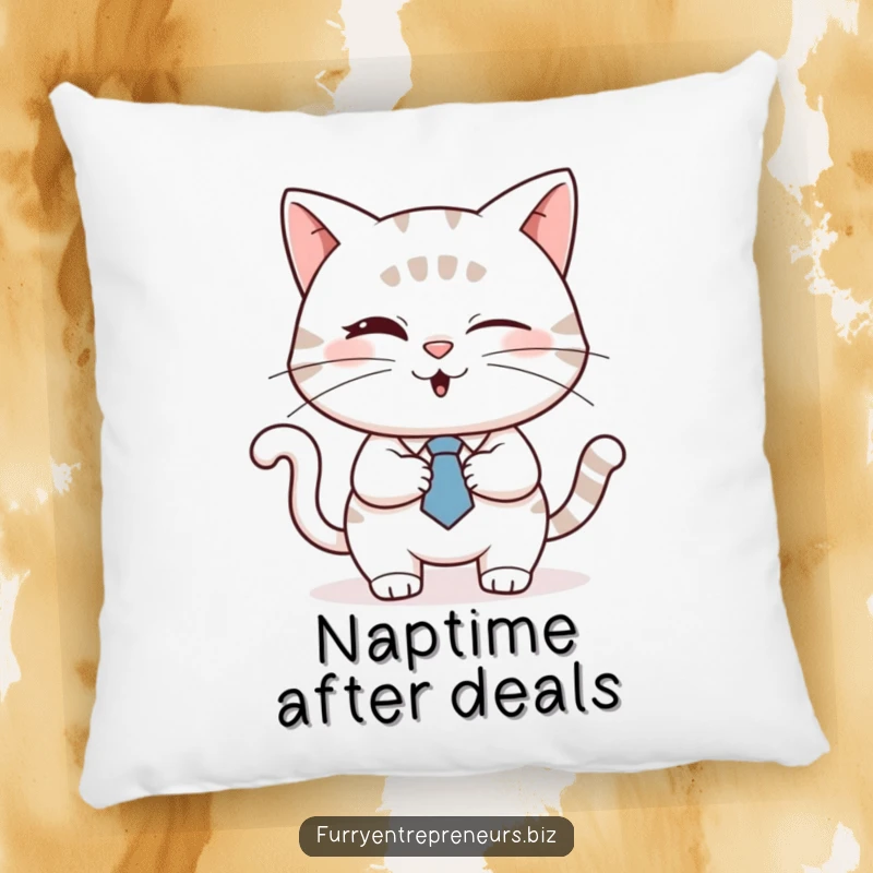 Funny cat wearing a tie, winking and shaking hands, on a decorative pillow, bringing business humor, a great funny gift.