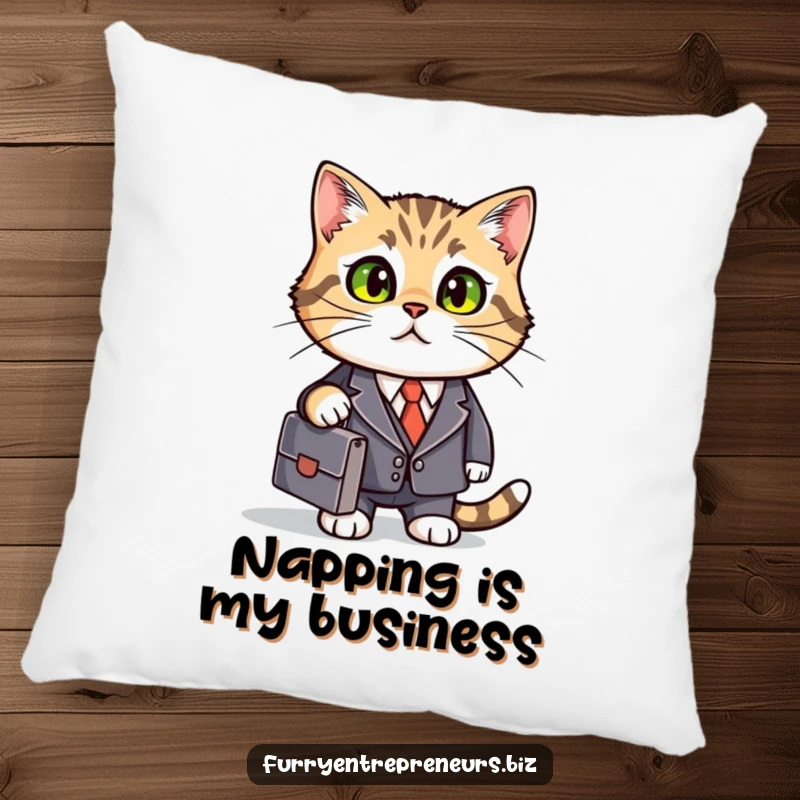 Funny business cat pillow, dressed in a suit, offering comfort and professional, humorous appeal.