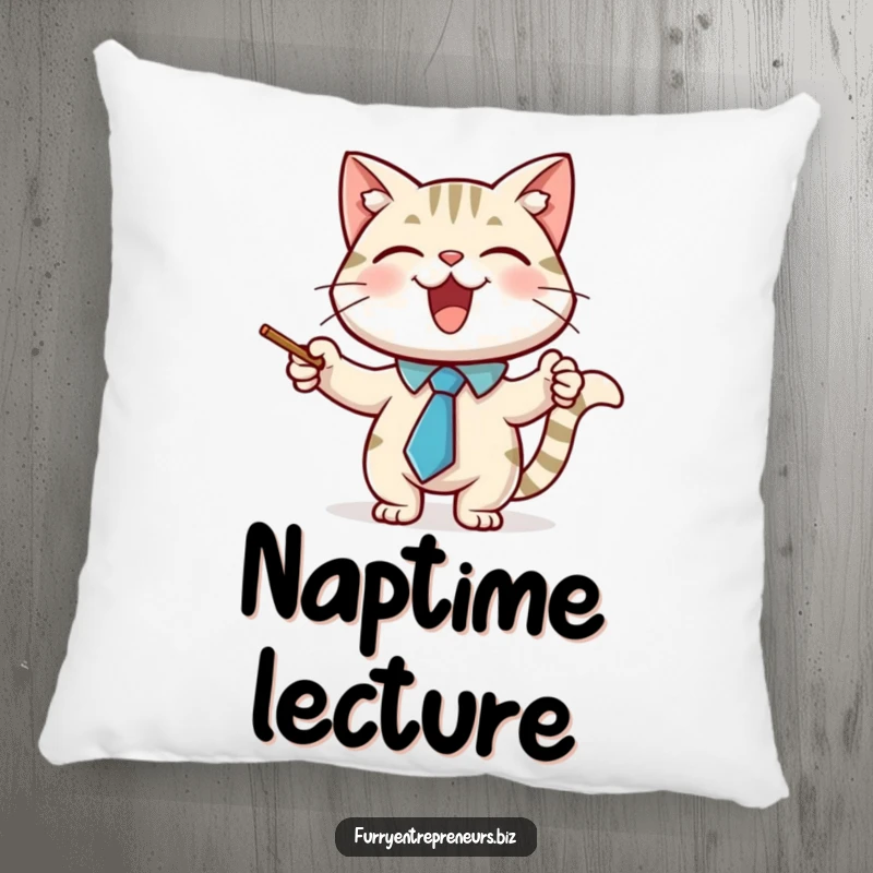 Funny pillow featuring a joyful cat character wearing a necktie and using a pointer stick, perfect for cozy study sessions.