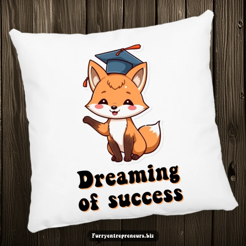 Funny fox graduation pillow depicting a cheerful animal tossing its cap upwards, ideal for decoration.