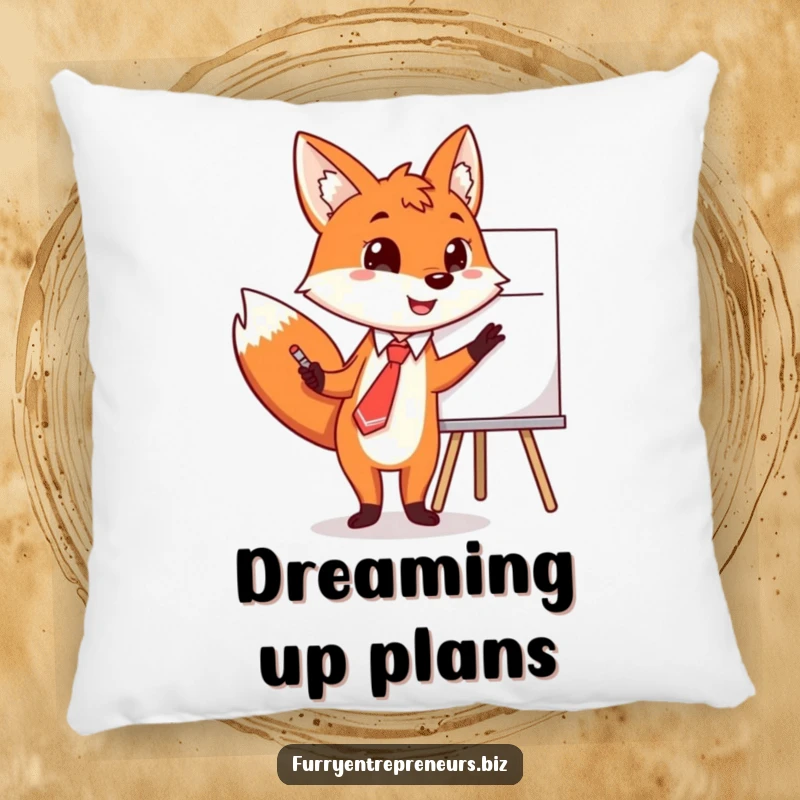 Funny fox pillow, in a tie, pointing at a whiteboard, showcasing a clever diagram.