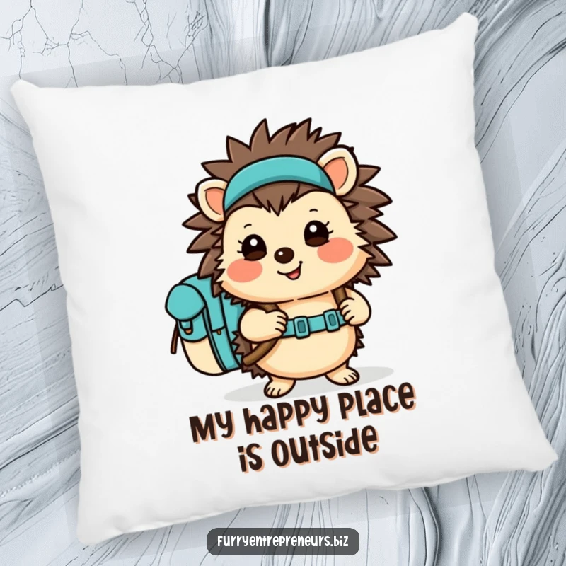 Funny Hedgehog Pillow with a cheerful hiker character wearing a backpack, ideal for adding comfort and humor to any room. Cute decor.