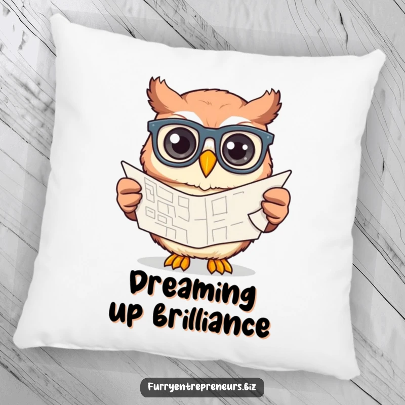 Funny owl wearing glasses, engrossed in designing a blueprint, depicted as a soft, decorative pillow for comfort and humor.