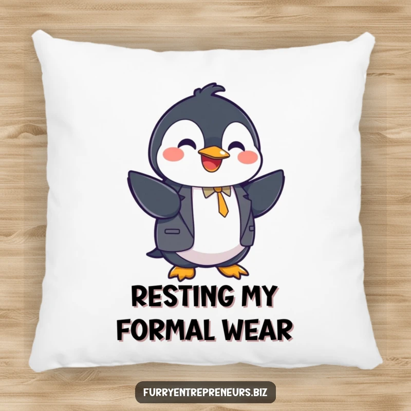Funny penguin character in a suit shaking hands on a pillow, professional decor, business humor, comfortable and funny, great funny gift.
