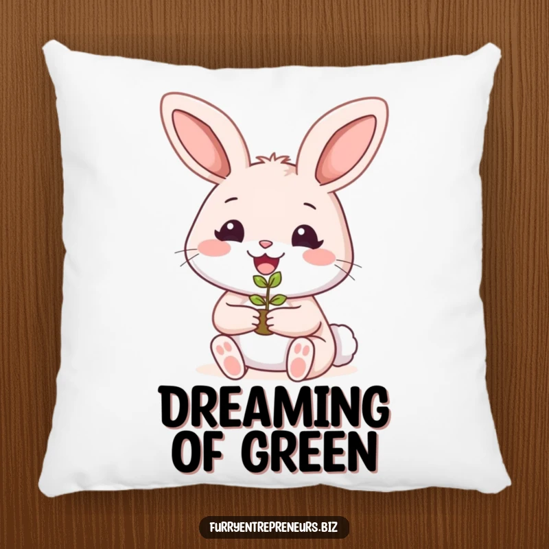 Funny rabbit gardener pillow depicting a smiling bunny holding a tiny plant seedling, ideal for decoration.