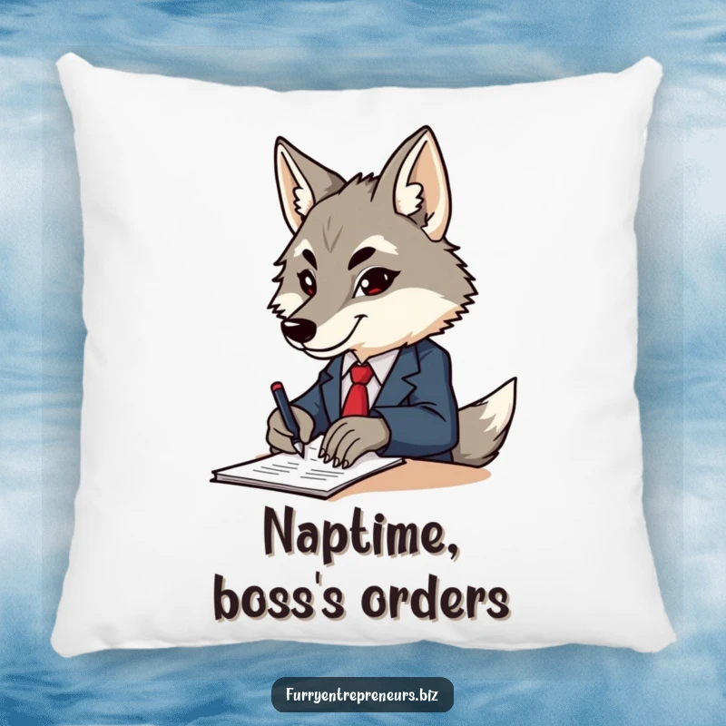 Funny wolf in a miniature business suit lounging confidently, signing papers, depicted as a soft, decorative pillow for humor.