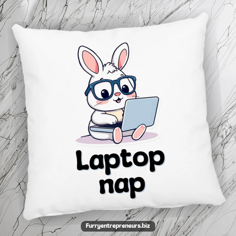 A cute rabbit wearing glasses, typing on a laptop, designed for comfort on a plush pillow, bringing creative and funny vibes.