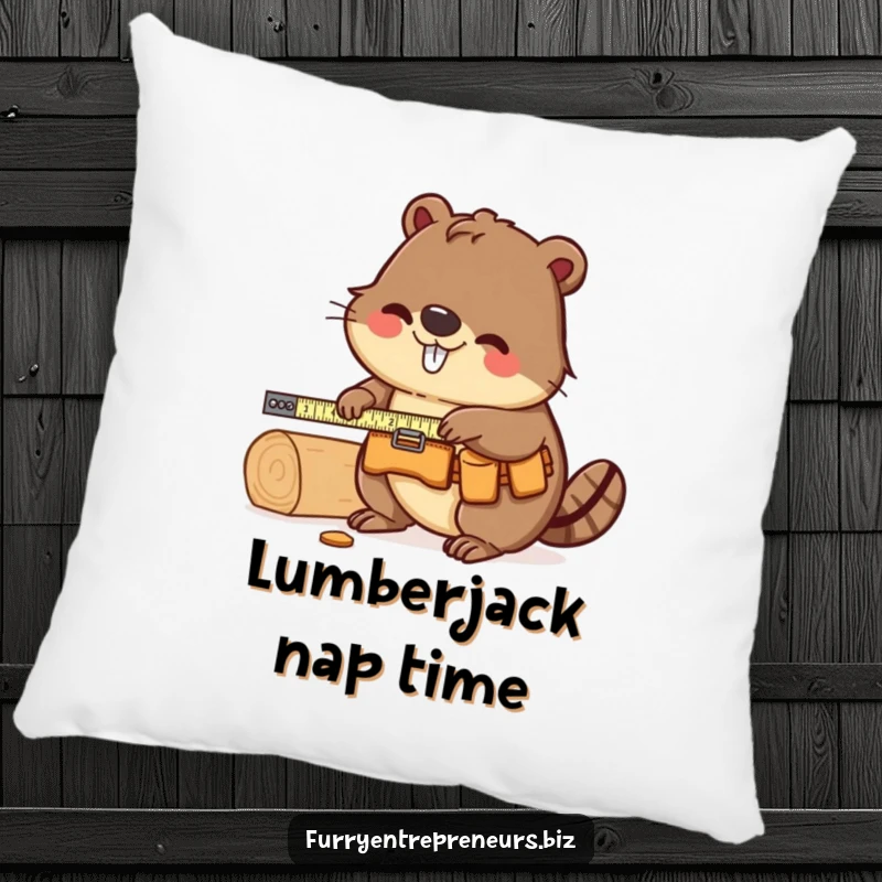Funny Beaver Carpenter Pillow: A cute beaver in a tool belt measuring wood, perfect for adding a humorous and cozy touch to any room.