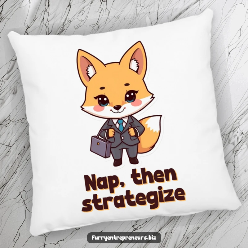 Funny business fox character in a suit and briefcase on a pillow, offering professional comfort and humorous charm.