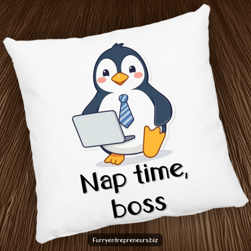 Funny penguin pillow with a penguin wearing a tie and holding a laptop, offering soft comfort and a professional, humorous touch.