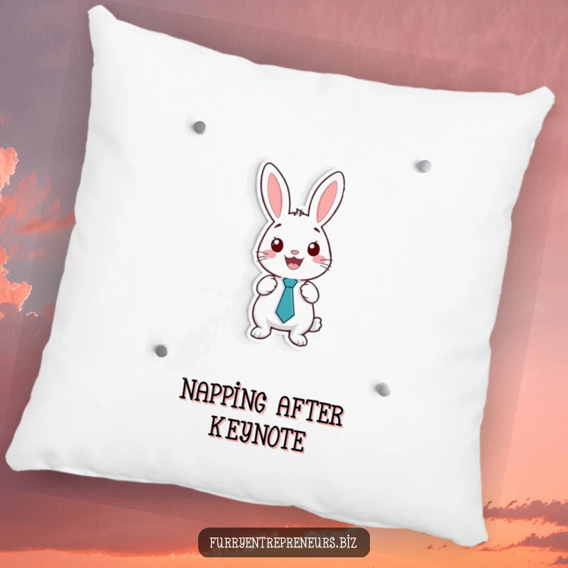 Funny pillow featuring a happy rabbit wearing a tiny tie, presenting on a whiteboard, offering comfort and a professional vibe.