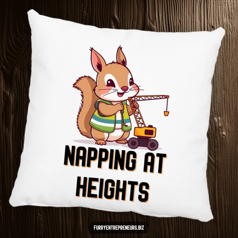 Funny Squirrel Crane Operator Pillow: A cute squirrel in a construction vest operating a tiny crane, perfect for adding a humorous and cozy touch to any room.