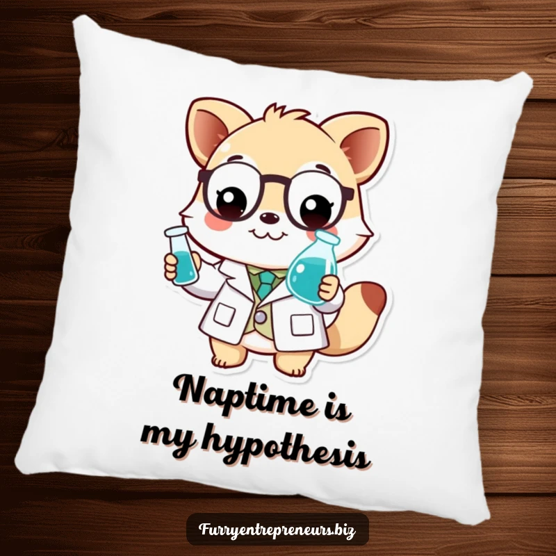 Funny scientist animal pillow featuring a smiling character in a lab coat, holding a tiny beaker.