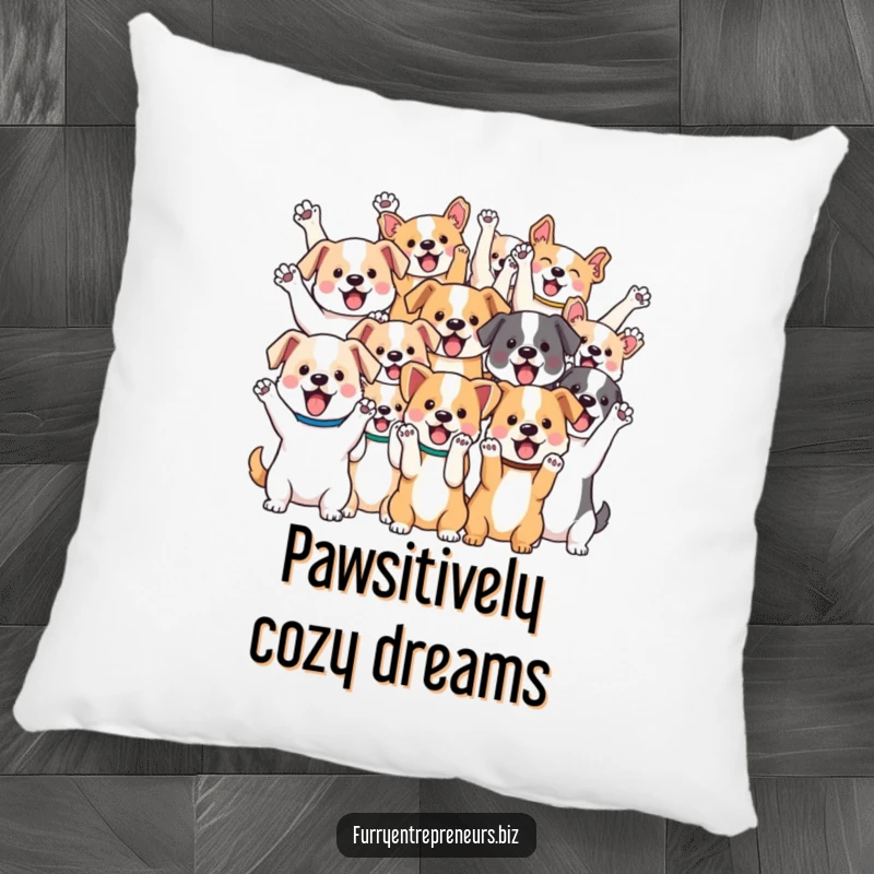 Funny pillow design of a group of various kawaii dogs joyfully cheering with their paws in the air, radiating happiness.