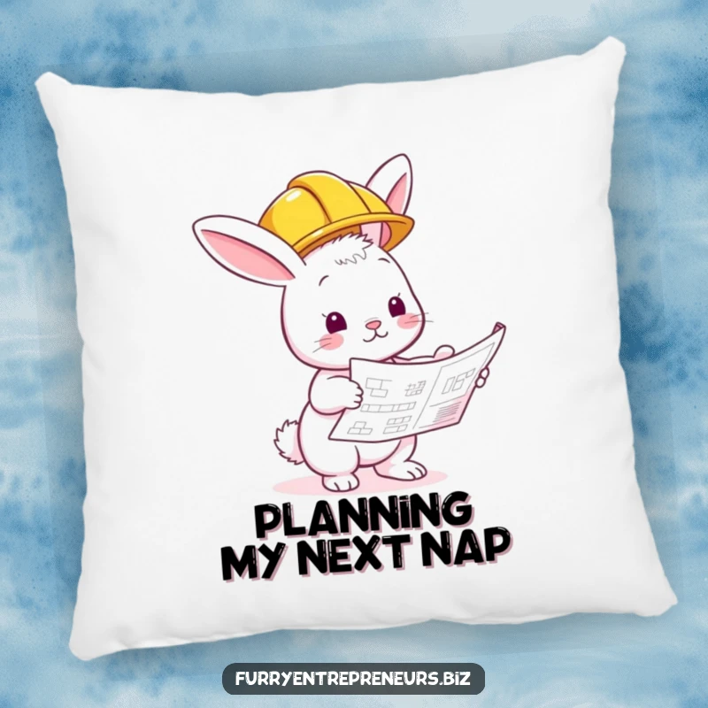 Funny bunny builder pillow, hard hat on, inspecting a blueprint, offering comfort and construction-themed humor.