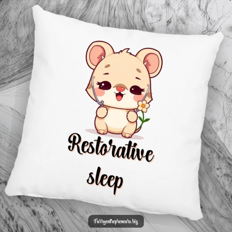 Funny pillow with a delighted animal character, in a vet role, listening to a flower with a stethoscope, providing soft comfort.