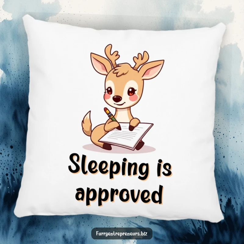 Funny deer signing a document with its hoof, a soft and humorous decorative pillow for cozy spaces.