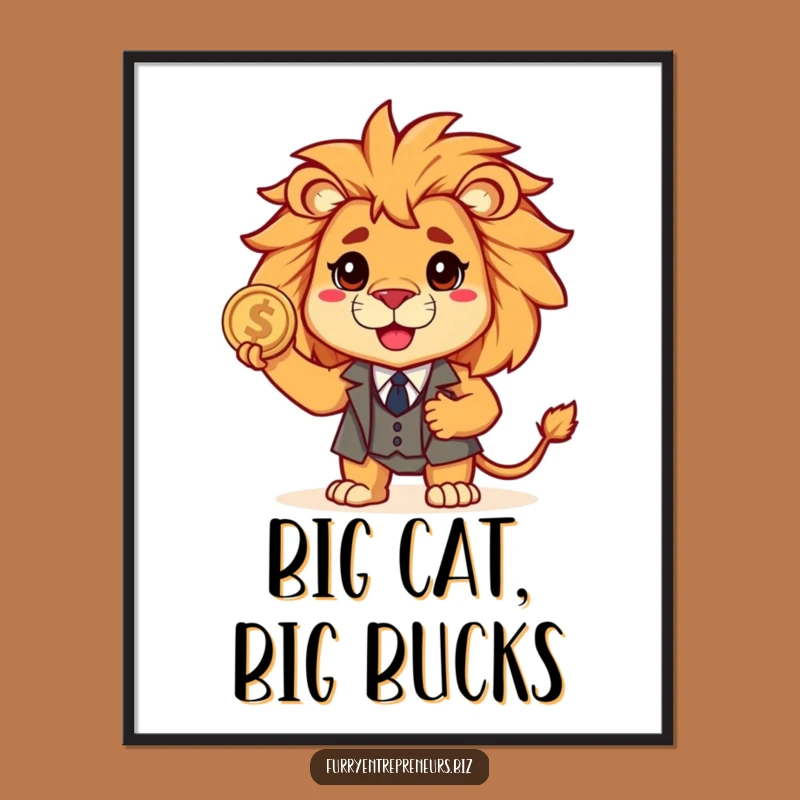 Funny Lion Suit Digital Art: Brave Business Beast Holding Coin, Instant Download Gift!
