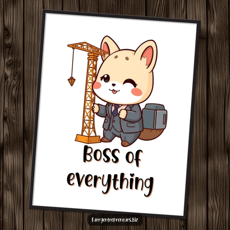Funny animal business digital art print of a cute character in a tiny suit operating a miniature crane, ideal for quirky decor.