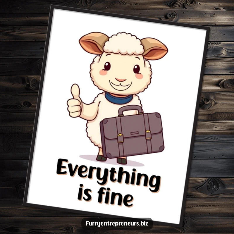 Funny sheep digital art print, with a briefcase, calmly giving a thumbs up of approval.