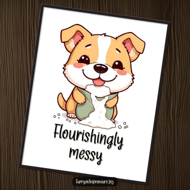 Funny digital art of a mischievous dog with a comically large smile, dropping flour from a bag, celebrating playful chaos.
