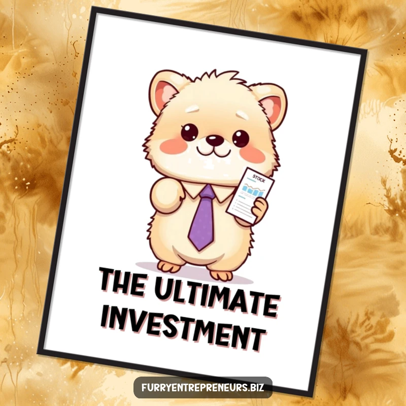 Funny animal stock digital art print of a fluffy creature in a tie, enthusiastically presenting a miniature stock chart, ideal for quirky decor.