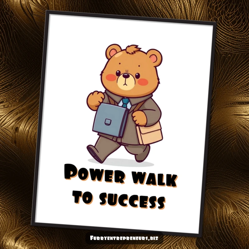 Funny bear business digital art print of a determined animal power walking with a briefcase, radiating focus.