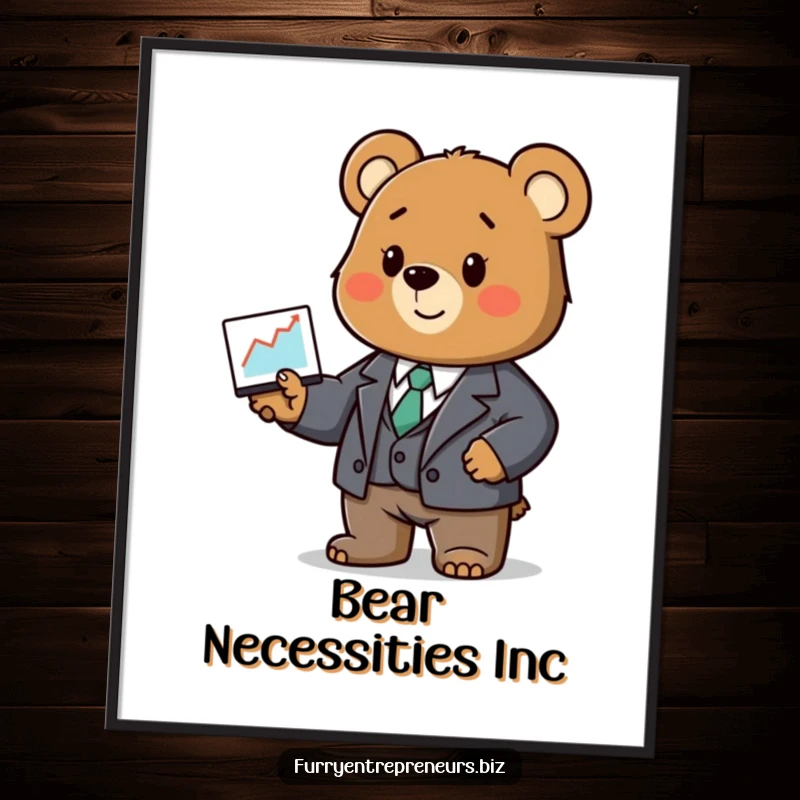 Funny bear digital art print, wearing a tiny business suit, presenting a successful business graph.