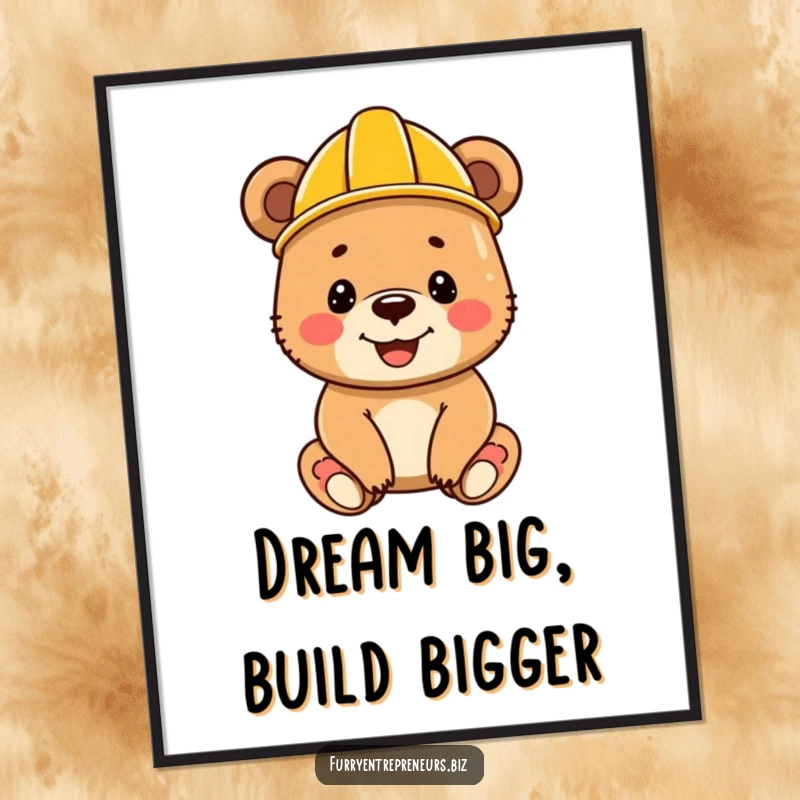 Funny bear cub wearing a tiny construction helmet, with a big happy smile, a delightful piece of digital art.