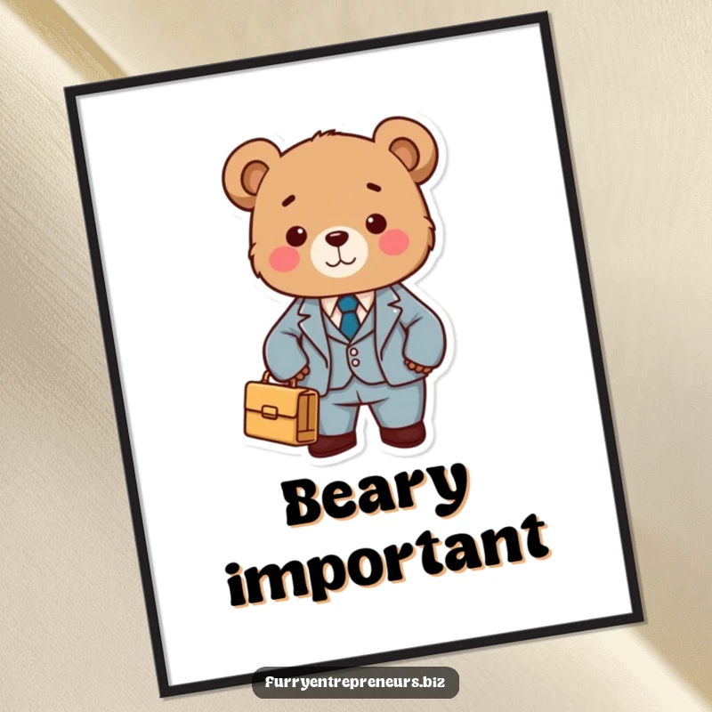 Funny digital art of a bear in a suit carrying a briefcase, perfect for adding professional and humorous charm to wall decor.