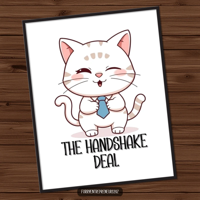 Funny cat in a tie winking and shaking hands, as a digital art print, bringing business humor to decor, a funny gift.