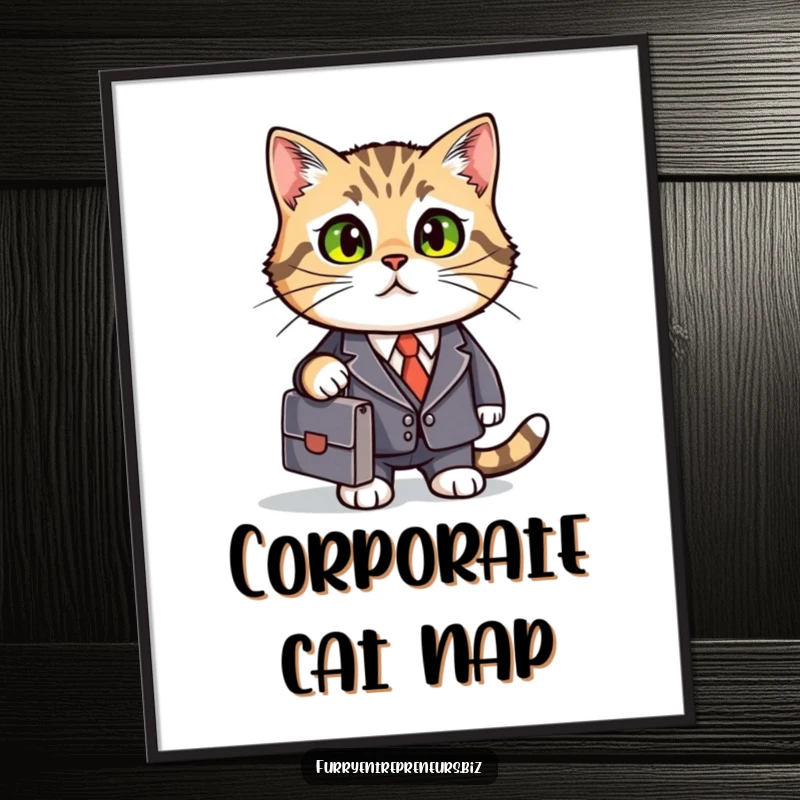 Funny business cat digital art print, suited and ready for business, a humorous addition to any wall.