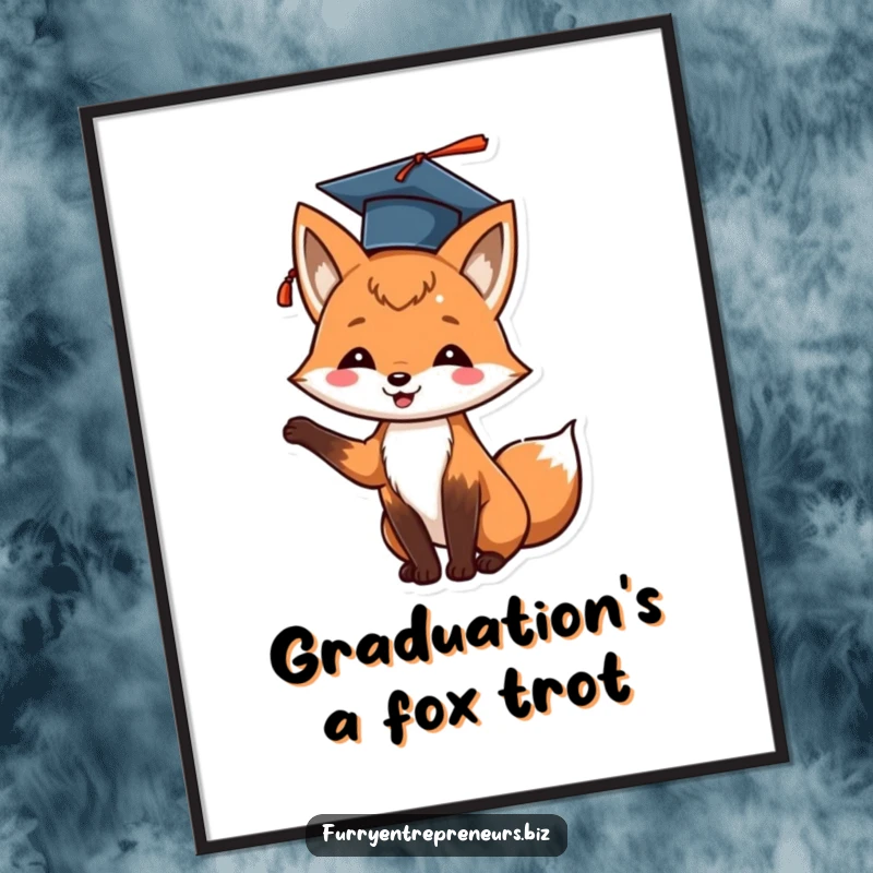 Funny fox graduation digital art print of a cheerful animal tossing its cap in the air, celebrating success.