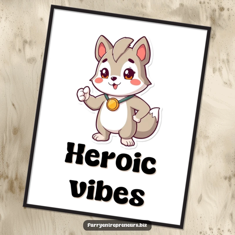 Funny digital art print of a proud animal character in a heroic pose, wearing a tiny medal, radiating cartoonish triumph.