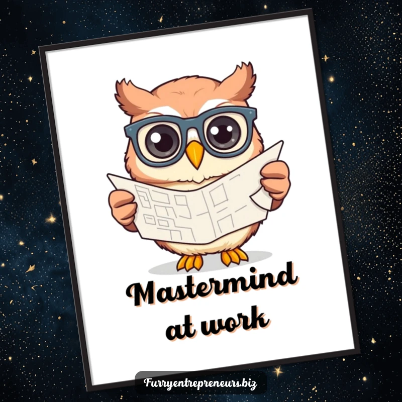 Funny owl with glasses, meticulously drawing a blueprint, a humorous and intelligent piece of digital art for any room.