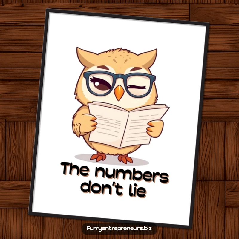 Funny digital art print of a winking owl wearing glasses, reading a financial report, perfect for instant download.