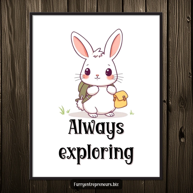 Funny rabbit explorer digital art print of a curious rabbit with a tiny backpack, ready for exciting escapades.