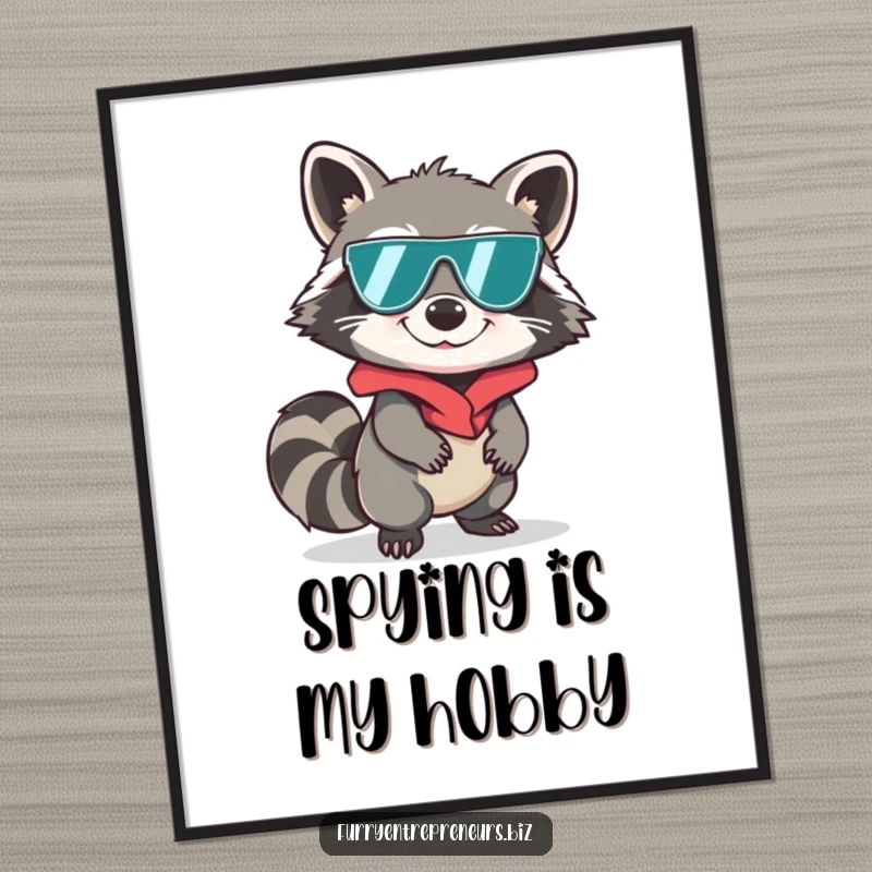 Funny raccoon character sneaking in spy disguise, digital art print, secret agent humor, mysterious and funny, instant funny gift.